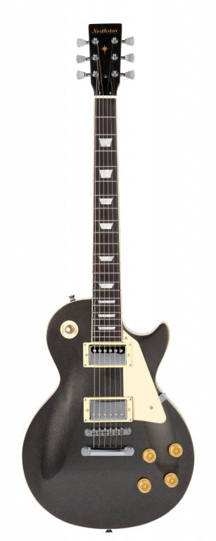 Black electric guitar with a white pickguard on a white background