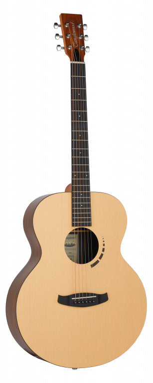 Acoustic guitar with a natural wood finish on a white background